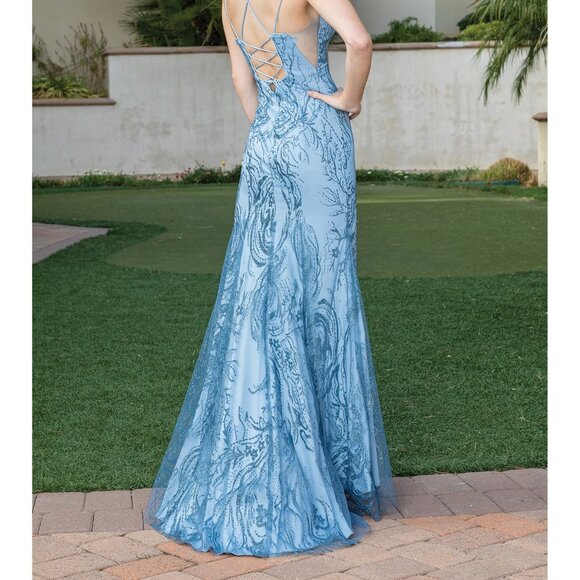 New Sequins Embellished Maxi Ceremonial Gown w/ V-Neck & Lace Up Back DQ 4302 - Picture 6 of 9